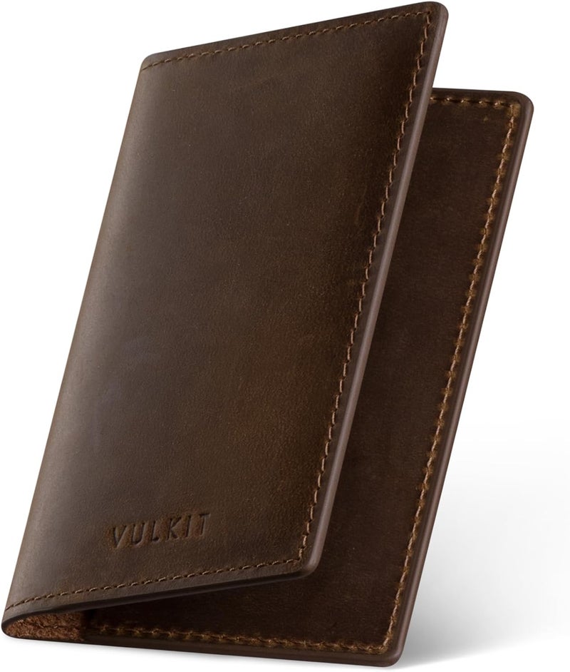 VULKIT حامل بطاقات العمل من الجلد الأصلي ذو جانبين نحيف منظم لبطاقات العمل للرجال أو النساء، يحمل حتى 20 بطاقة (بني داكن أصلي) - Image 1